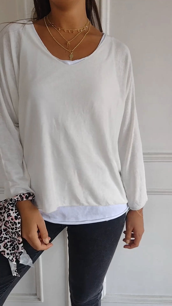 Cotton and Linen Long-sleeved T-shirt with White Inner Two-piece Set