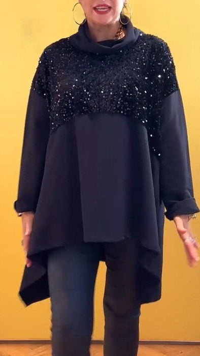 Women's High Collar Loose Sequined Casual Long Top