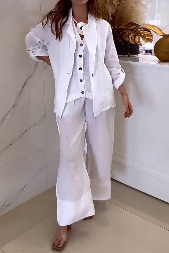 Women's casual solid color cotton and linen two-piece suit