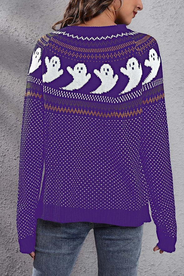 Women's Halloween Ghost Retro Polka Dot Long Sleeve Knitted Sweater