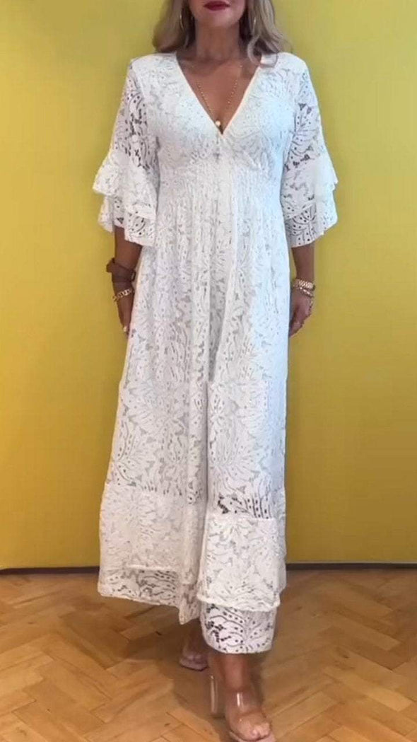 Women's V-neck Lace Trumpet Sleeve Dress