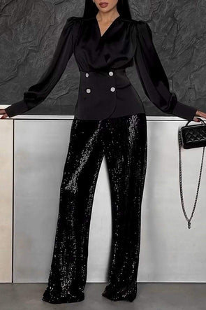 Women's Lapel Satin Top + Sequined Pants Set