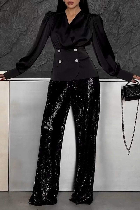 Women's Lapel Satin Top + Sequined Pants Set