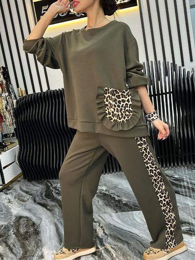 Women's Round Neck Long Sleeve Leopard Print Patchwork Pullover Sweatshirt Suit