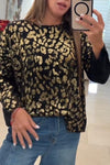 Women's Fashion Casual Round Neck Leopard Print Gold Stamping Knitted Sweater