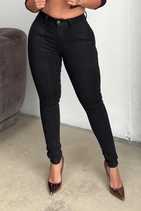 Women's Fashion Solid Color Hot Diamond Slim Elastic Skinny Pants