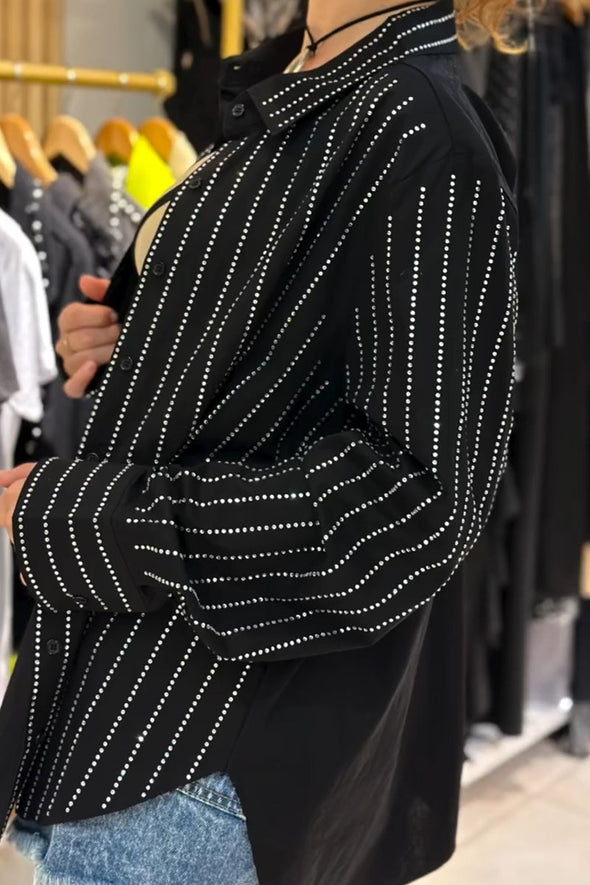 Women's Fashion Striped Diamond Embellished Long Sleeve Shirt