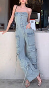 Women's Slightly Elastic Tube Top Multi-pocket Workwear Denim Jumpsuit