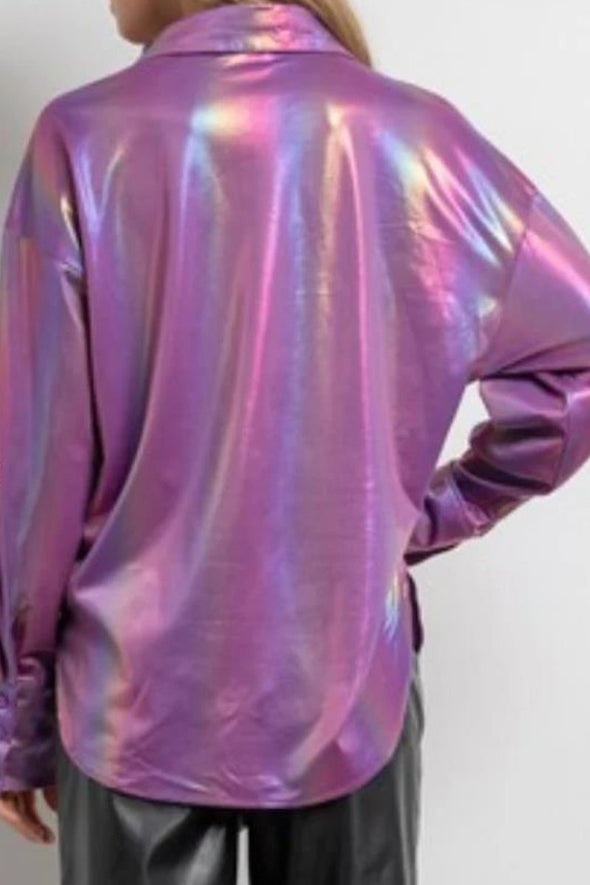 Women's Fashion Metallic Shiny Coated Shirt