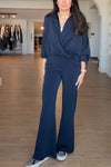 Women's Elegant V-Neck Pleated Long Sleeves & Elegant Twisted Flare Pants