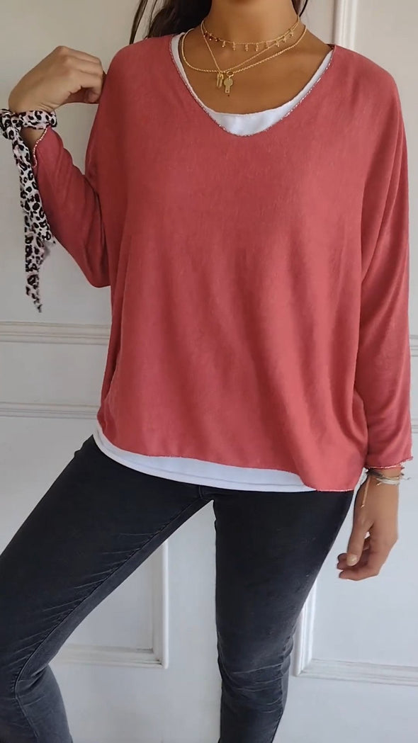 Cotton and Linen Long-sleeved T-shirt with White Inner Two-piece Set