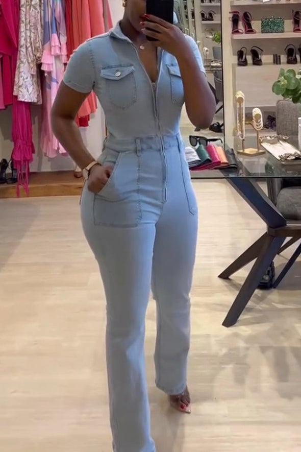 Women's Elegant Zipped Stretch Denim Jumpsuit