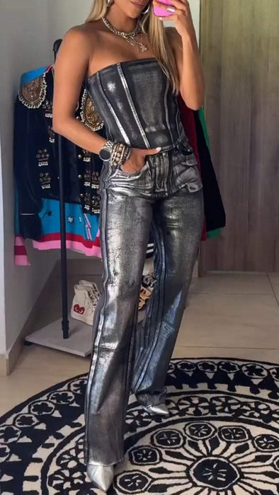 Women's Tube Top + Trousers Silver Hot Fashion Suit