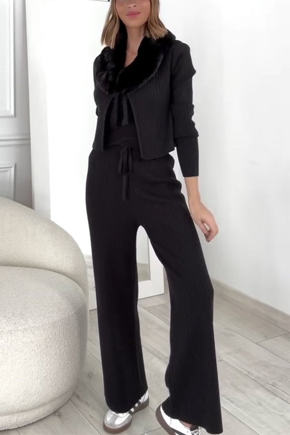 Women's elegant bow-knot fur collar textile sweater & slim-fitting textile wide-leg pants