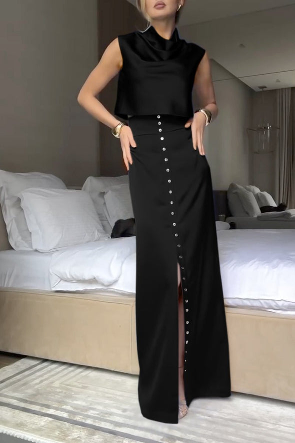 Women's Elegant Satin Top and Button Decorated Slit Skirt Two-Piece Set