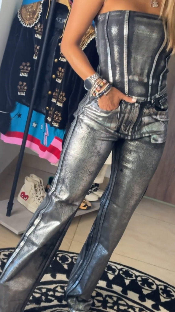 Women's Tube Top + Trousers Silver Hot Fashion Suit