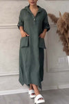 Half button lapel cotton and linen dress