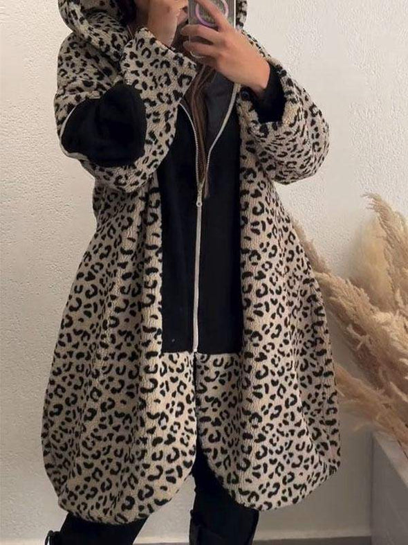 Women's Leopard Print Long Sleeve Hooded Coat