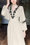 Women's Elegant V-neck Lace-embellished Puff Sleeve Dress