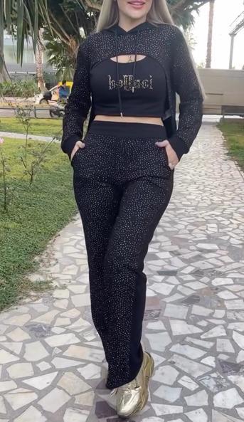 Women's Sequined Hoodie, Rhinestone Lettering Vest and Pants Three-Piece Set