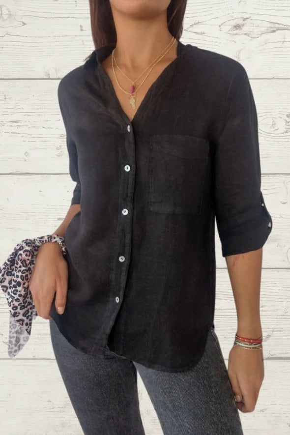 Women's Casual Solid Color Pocket Front Linen Shirt