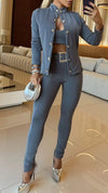 Women's Stand Collar Button Top + Tight Pants Set