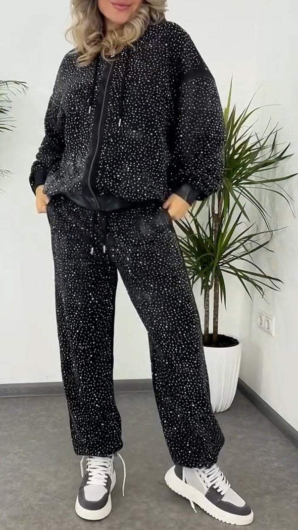 Women's Hooded Rhinestone Zipper Casual Suit