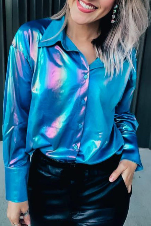 Women's Fashion Metallic Shiny Coated Shirt