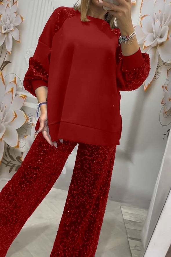 Women's Fashion Sequin Patchwork Top and Pants Two-Piece Set