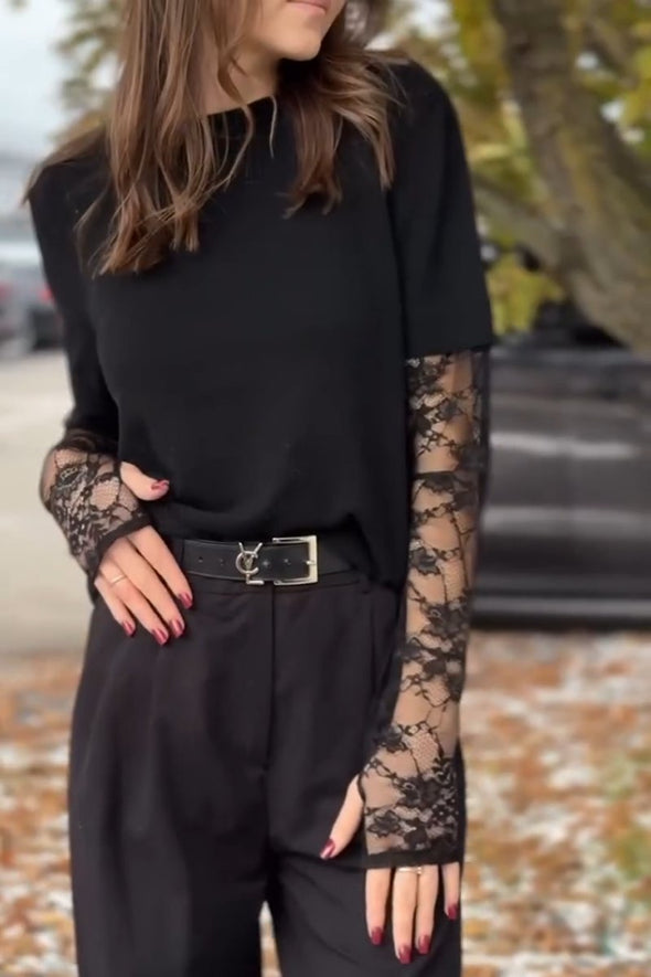 Women's Casual See-through Lace Sleeves T-shirt Top