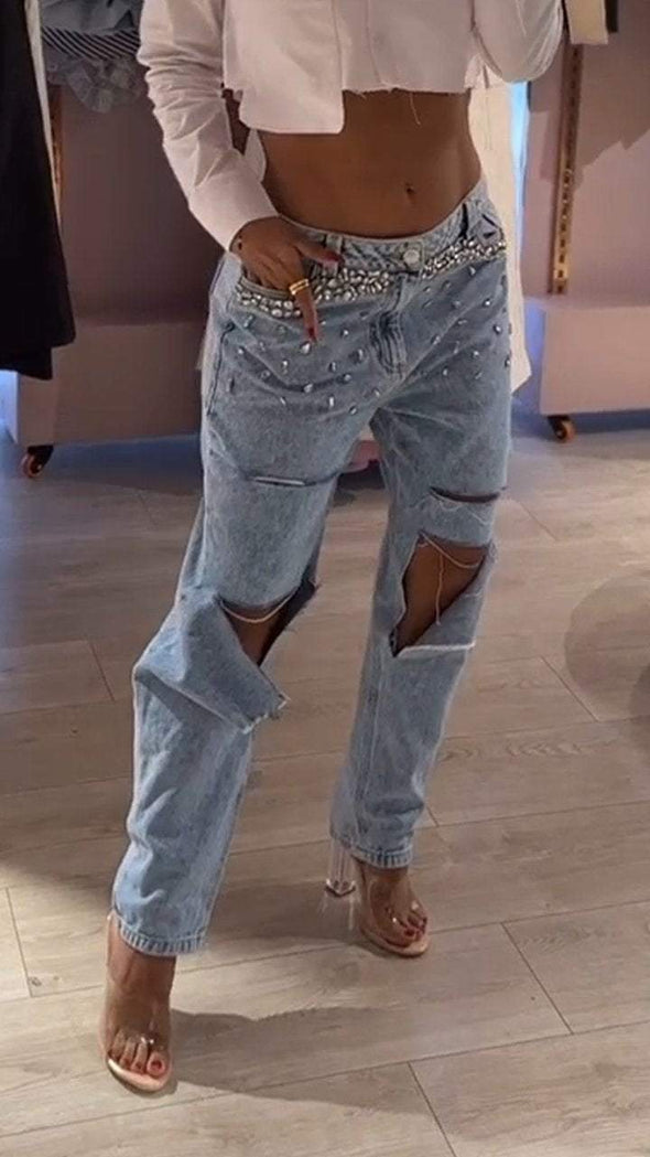 Women's Fashionable Ripped Diamond Jeans