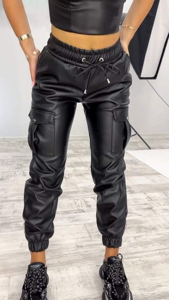 Women's Double Pocket Stylish Leather Pants