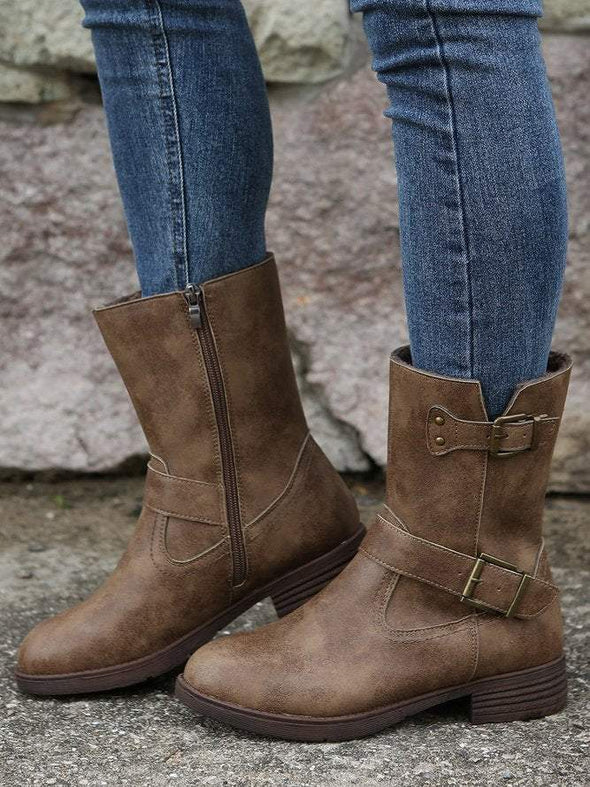 Vintage Casual Buckle Design Riding Boots