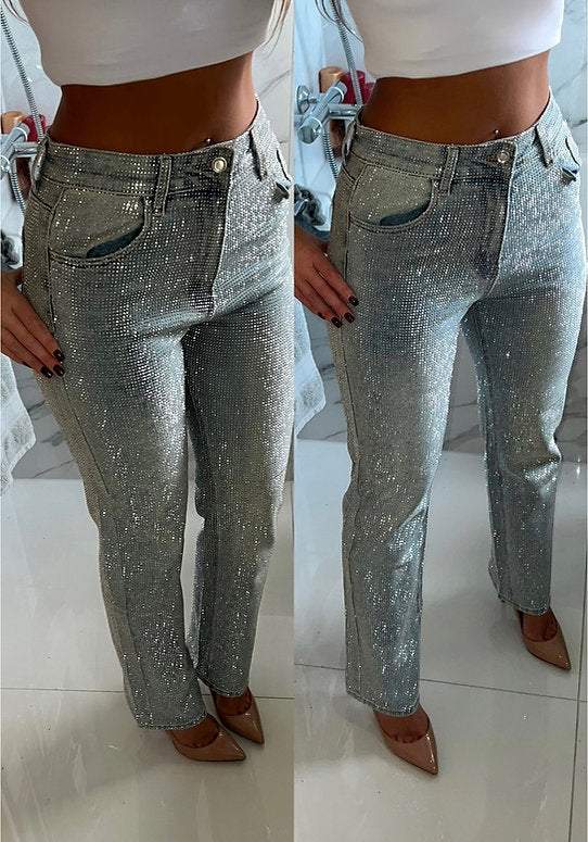 Women's Rhinestone Casual Denim Trousers