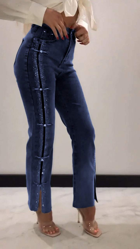 Women's Hot Diamond Patchwork Design Slit Slim Jeans