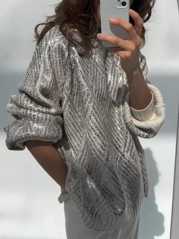 Women's High Collar Knitted Silver-stamped Casual Sweater