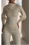 Women's Elegant Lapel Off-Shoulder Half-Button Puff Long-Sleeve Sweater & Elegant Slim Back Buttoned Woolen Trousers