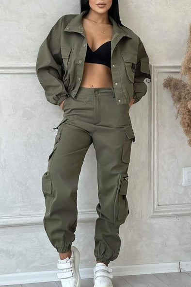 Women's Stylish Bomber Jacket and Multi-Pocket Pants Set