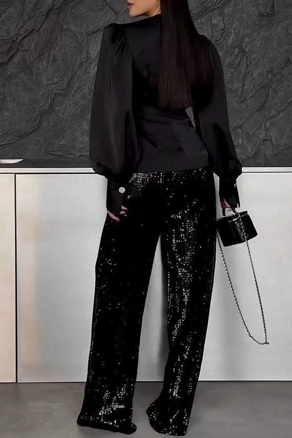 Women's Lapel Satin Top + Sequined Pants Set