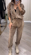 Women's hooded zipper suede casual suit