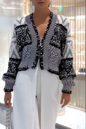 Women's Fashion Sequin Zipper Cardigan Sweater