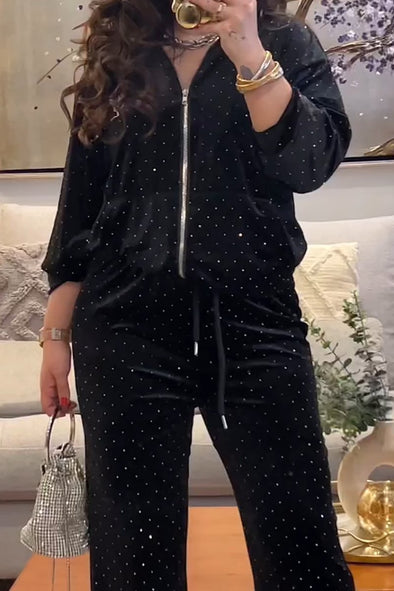 Women's Casual Sparkling Diamond Zipper Jacket And Trousers Suit