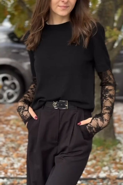 Women's Casual See-through Lace Sleeves T-shirt Top