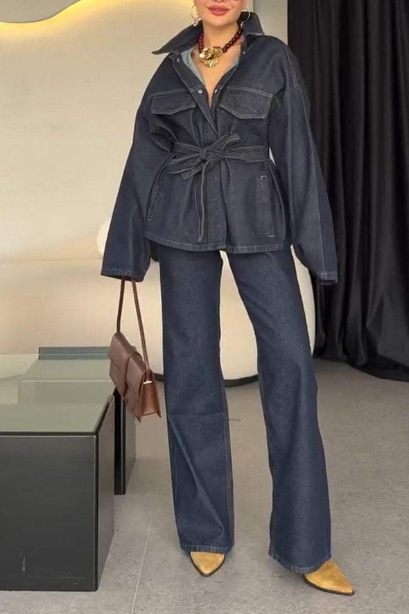 Women's Casual Lapel Tie Denim Two-piece Suit