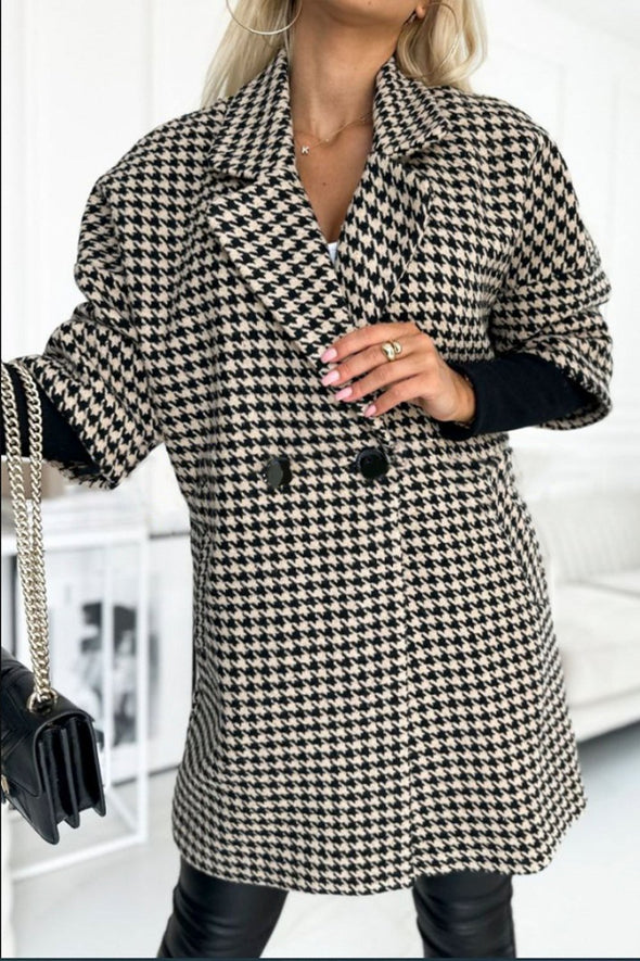 Women's Houndstooth Sleeves Knitted Patchwork Lapel Jacket