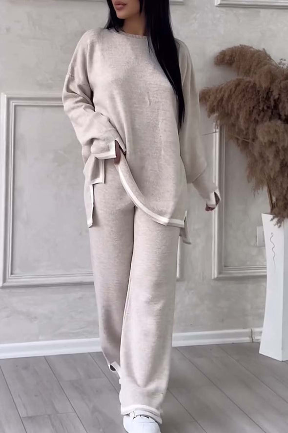 Women's Slit Long Sleeve Sweater High Waist Pants Suit