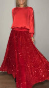 Women's Round Neck Satin Top + Sequined Skirt Set