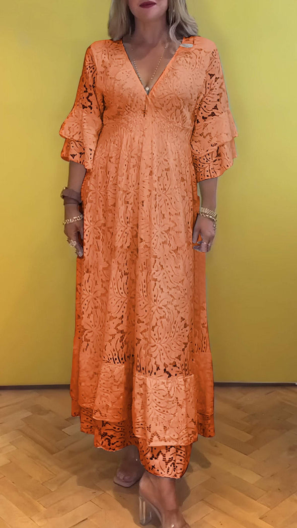 Women's V-neck Lace Trumpet Sleeve Dress