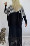 Women's casual striped patchwork bat sleeve sweater skirt suit