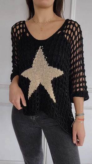 Women's V-neck Sleeve Knitted Star Print Blouse 2-piece Set